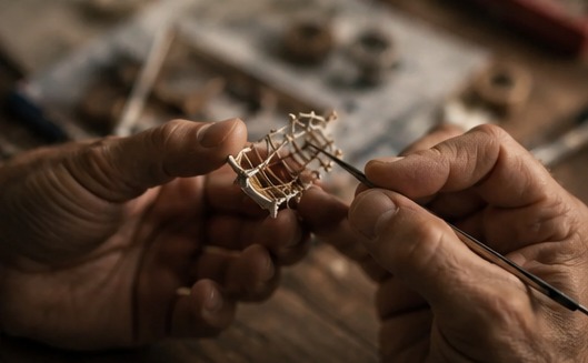 Two hands holding a miniature rigged component of a ship model while adjusting it with a fine tool