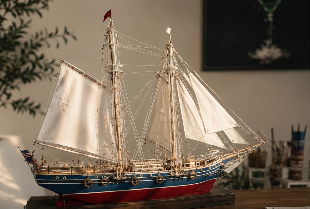 Handcrafted two-masted sailing ship model with ivory sails, brass fittings and a blue and red hull, resting on a wooden table in a workshop